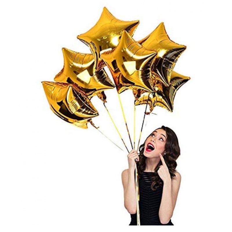 I Q Creations Gold Star Foil  (18 Inchs) for Birthday, Christmas, New Year Party Decoration  5 pcs With FREE Multi purpose Ribbon