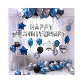 I Q Creations Happy Anniversary Letter Foil Balloon Set of Silver + 2 Pcs Silver Star Foil(10 inch) + Pack of 30 pcs Metallic Balloons (Black, Blue & Silver) For Decoration