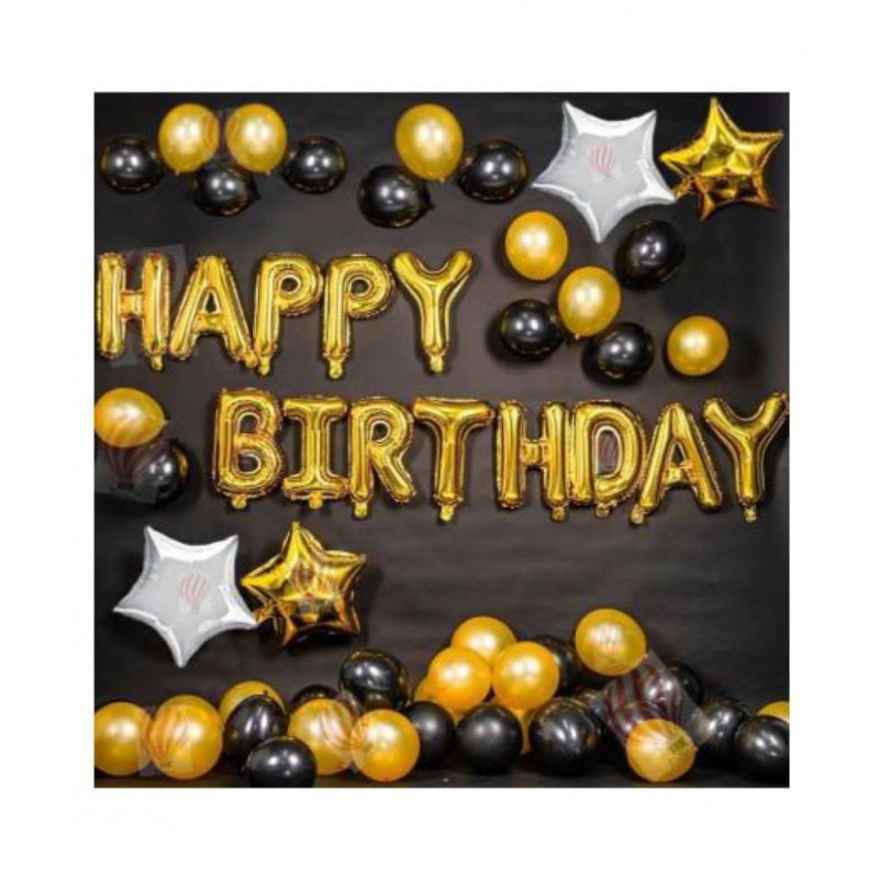 I Q Creations Happy Birthday Gold Foil (13 Pcs.)+ 4 Stars (Gold & Silver)+ 30 pcs Metallic Balloons  (Gold & Black)  For Decorations