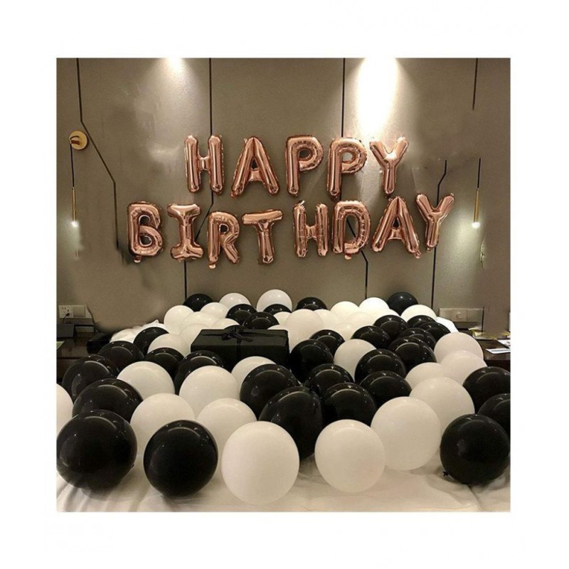 I Q Creations Happy Birthday Letter Foil Balloon Set of Rose Gold+HD Metallic Balloons (Black and White) Pack of 30pcs for Birthday Party Decoration