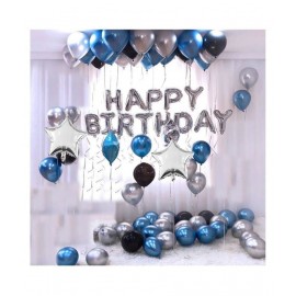 I Q Creations Happy Birthday Silver Foil (13 Pcs.)+ 2 Stars (10 Inchs)+ 45 pcs Metallic Balloons (Blue, Silver, Black)