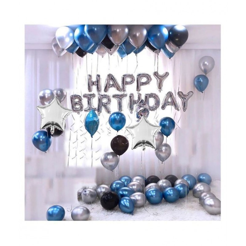 I Q Creations Happy Birthday Silver Foil (13 Pcs.)+ 2 Stars (10 Inchs)+ 45 pcs Metallic Balloons (Blue, Silver, Black)