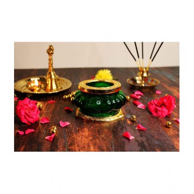 JDS Puja Articles Akshaya kubera Lakshmi Pot/with toughened Glass (Green)