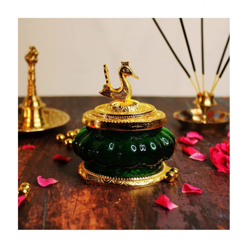 JDS Puja Articles Akshaya kubera Lakshmi Pot/with toughened Glass (Green)