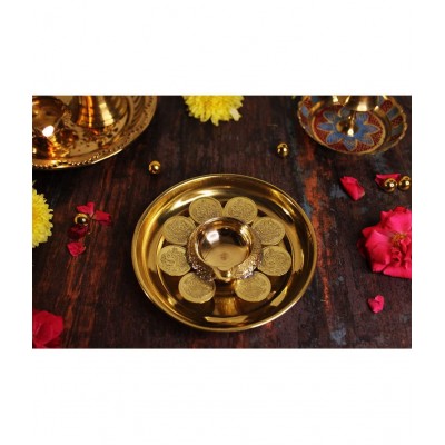 JDS Puja Articles Brass Lakshmi Kubera Villaku - Lamp with Plate (8 coins p)
