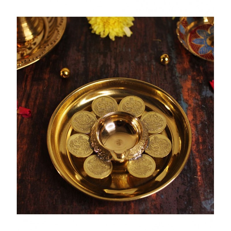 JDS Puja Articles Brass Lakshmi Kubera Villaku - Lamp with Plate (8 coins p)