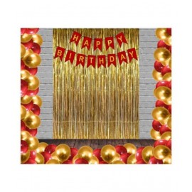 JEENAL TRENDS HAPPY BIRTHDAY RED GOLDEN BANNER + 2 GOLDEN FRINGE CURTAIN + 50 HD METALLIC BALLOONS ( RED + GOLDEN)