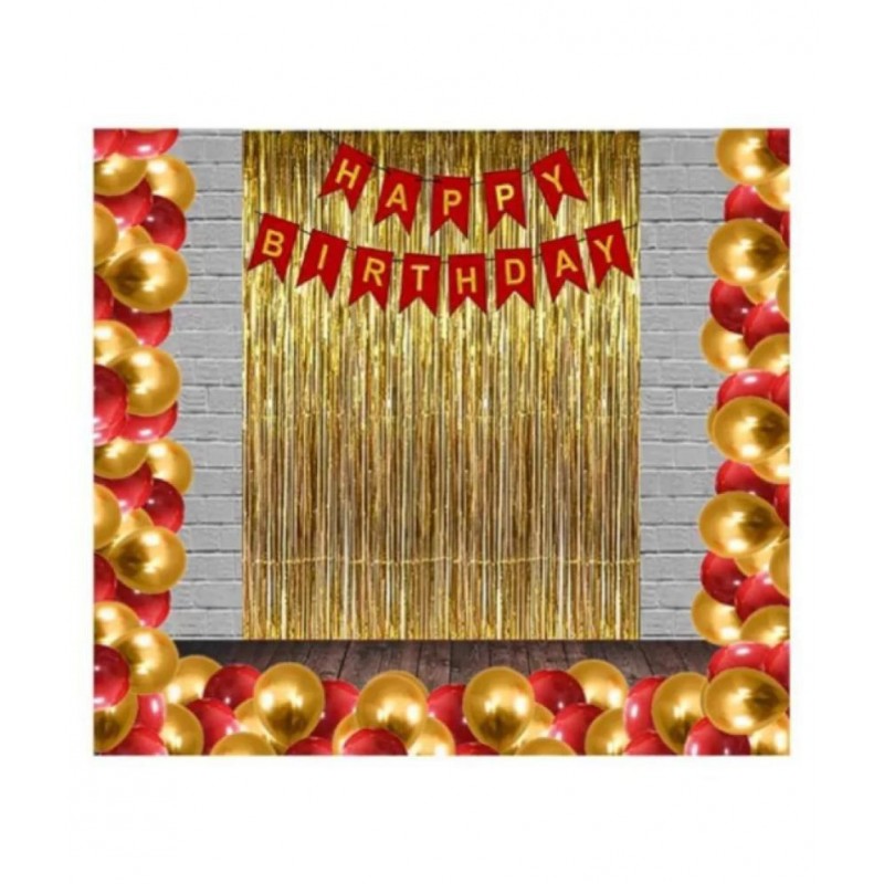 JEENAL TRENDS HAPPY BIRTHDAY RED GOLDEN BANNER + 2 GOLDEN FRINGE CURTAIN + 50 HD METALLIC BALLOONS ( RED + GOLDEN)
