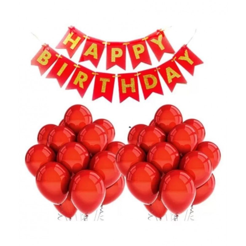 JEENAL TRENDS HAPPY BIRTHDAY RED GOLDEN BANNER + 30 HD METALLIC BALLOONS (RED)