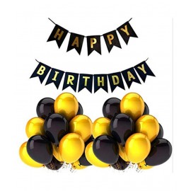Joy Party Balloons Happy Birthday Black-Golden Banner + 50 HD Mettalic Balloons (Golden, black) for a perfect birthday decoration