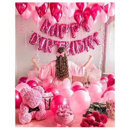 Joy Party Balloons Pink Heart Dot Happy Birthday Letter Foil with 40 Dark Pink & Light Pink Balloons(20 Each) + 1 Ribboon & 1 Straw Fort Happy Birthday Decoration Kit