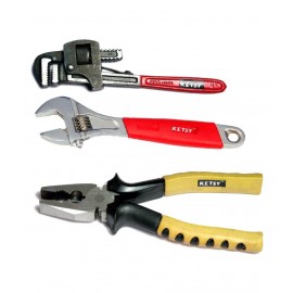 KETSY 848 Hand Tools KIT (Combination PLIER 8", Adjustable Wrench 8" RED DIP Insulation, Pipe Wrench 10")