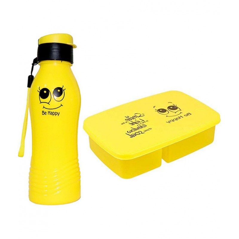 KIVYA Lunch Box And Smiley Water Bottle Combo For Kids School Supplies Gift For Girls / Boys, Yellow - 1 water Botle And 1 Lunch Box