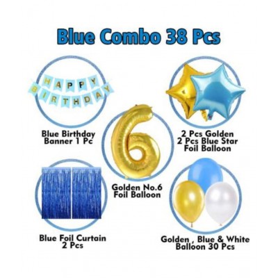 KR   Happy Birthday Decoration Kit - 53Pcs Blue Theme 6th Birthday Decoration Combo for Boys With No.2 Golden Foil Balloon, Happy Birthday Cardstock Paper Banner, Metallic Balloons (Set of 53)