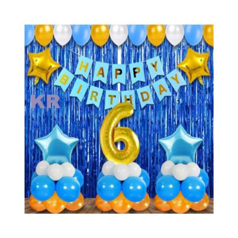 KR   Happy Birthday Decoration Kit - 53Pcs Blue Theme 6th Birthday Decoration Combo for Boys With No.2 Golden Foil Balloon, Happy Birthday Cardstock Paper Banner, Metallic Balloons (Set of 53)