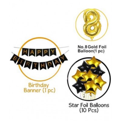 KR  8th Happy Birthday Balloons Decoration Kit Items Combo-12Pcs for Kids Boys, Girls, 10 Star Foil Balloons, 1 Banner ,1 number foil balloon Balloon  (Black, Gold, Pack of 12)