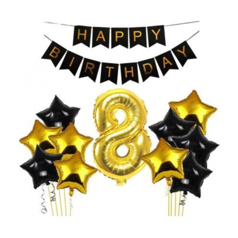 KR  8th Happy Birthday Balloons Decoration Kit Items Combo-12Pcs for Kids Boys, Girls, 10 Star Foil Balloons, 1 Banner ,1 number foil balloon Balloon  (Black, Gold, Pack of 12)