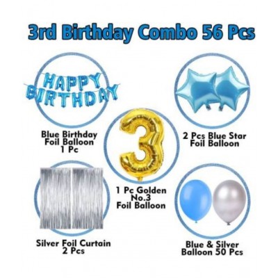 KR 3rd Birthday Decorations Kit For Baby Boy - 56Pcs