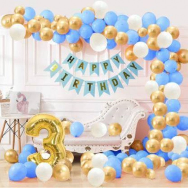 KR 3rd Happy Birthday Balloons Decoration Kit Items Combo BLUE Gold White-90Pcs for Kids Girls Adult Women Wife Second Theme Decorations/Foil Balloon Metallic Latex Balloon,Curtain,Banner (Set of 90)