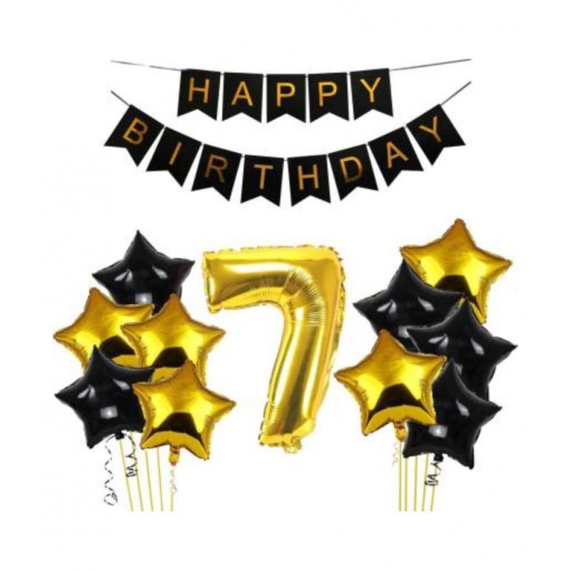 KR 7th Happy Birthday Balloons Decoration Kit Items Combo-12Pcs for Kids Boys, Girls, 10 Star Foil Balloons, 1 Banner ,1 number foil balloon Balloon  (Black, Gold, Pack of 12)
