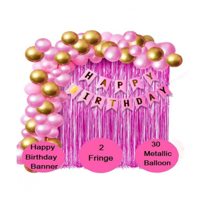 KR Happy Birthday Banner ( Pink ) + 2pcs Pink Fringe Curtain + 30 Metallic Balloons ( Pink, Gold )