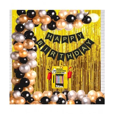 KR Happy Birthday Banner (Black)+ 30 Metallic Balloons (Gold, Black, Silver) + 2 Golden Fringe + 10 pc. Magic Candles