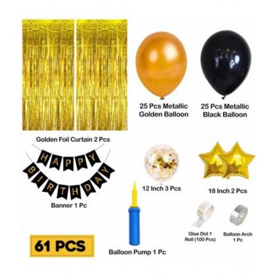 KR Happy Birthday Decoration Kit Combo - 61pcs Birthday Banner Golden Foil Curtain Metallic Confetti Balloons With Hand Balloon Pumo And Glue Dot for Boys Girls Wife Adult Husband Mom Dad/Happy Birthday Decorations Items Set