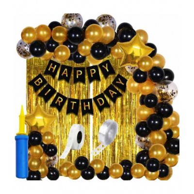KR Happy Birthday Decoration Kit Combo - 61pcs Birthday Banner Golden Foil Curtain Metallic Confetti Balloons With Hand Balloon Pumo And Glue Dot for Boys Girls Wife Adult Husband Mom Dad/Happy Birthday Decorations Items Set