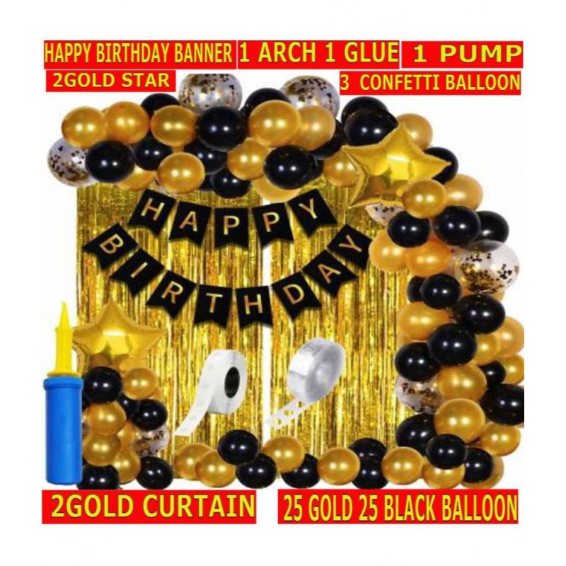 KR Happy Birthday Decoration Kit Combo - 61pcs Birthday Banner Golden Foil Curtain Metallic Confetti Balloons With Hand Balloon Pumo And Glue Dot for Boys Girls Wife Adult Husband Mom Dad/Happy Birthday Decorations Items Set