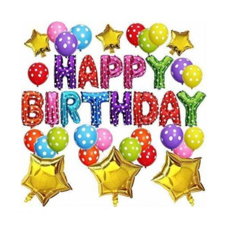KR Printed Multi Colour Happy Birthday Letter Alphabet with 6 Golden Star Foil ( 3 BIG 3 SMALL ) and 26 Polka dots Latex Balloons (Multi color, Pack of 45