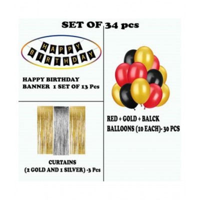 KR Solid 5th Happy Birthday Balloons Decorations Kit / Set (35 Pcs),Happy Birthday Banner (1 Set Of 13 Pcs ),Gold Curtains (2 Pcs),Silver Curtain (1 Pcs), Gold, Red, Black Balloons (30 Pcs) For Boys, Girls Balloon