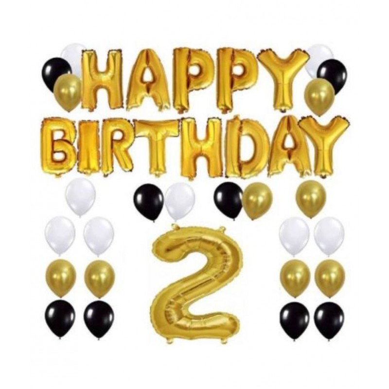 KR Solid Black Gold White 50 Balloon, Happy Birthday FOIL Gold ,2 Number Foil Balloon  ( Gold, Black, White, Pack of 64) BALLOON FOR 2ND BIRTHDAY