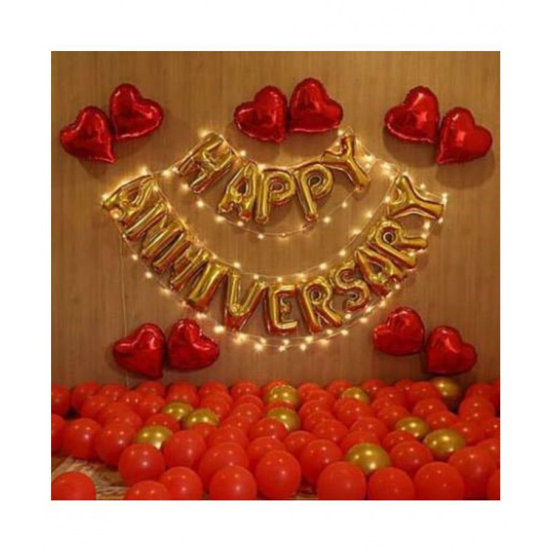 KR Solid Happy Anniversary combo 82 piece set (16 letter of happy anniversary + 66 piece gold silver balloon + 1 air pump) Balloon  (Gold, Red, Pack of 82)