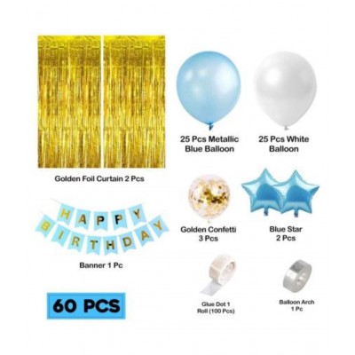 KR Solid Happy Birthday Decoration Kit Combo - 60pcs Birthday Banner Golden Foil Curtain Metallic Confetti Balloons With  Glue Dot for Boys Adult Husband Grand Father Dad/Happy Birthday Decorations Items Set Balloon  (Gold, Blue, White, Pack of 60)