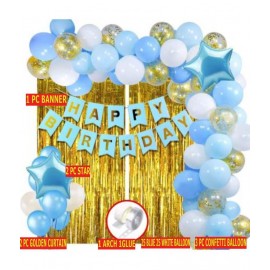 KR Solid Happy Birthday Decoration Kit Combo - 60pcs Birthday Banner Golden Foil Curtain Metallic Confetti Balloons With  Glue Dot for Boys Adult Husband Grand Father Dad/Happy Birthday Decorations Items Set Balloon  (Gold, Blue, White, Pack of 60)