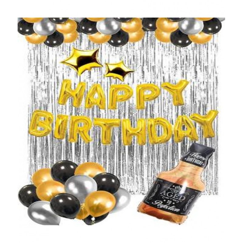 KR Solid Happy Birthday with 1 Bottle 2 Golden Stars 60 Black Golden Silver Balloons (Balloon Bouquet)