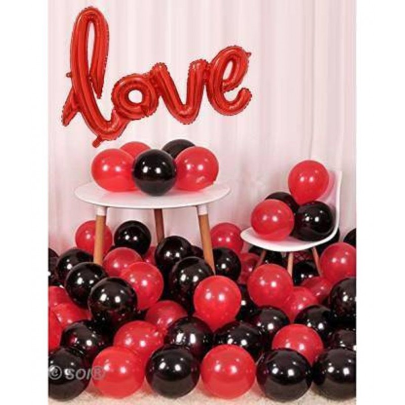 KR Solid LOVE Decorations kit For Anniversary, Birthday, Valentine Day - Cursive RED Love Foil Balloon With Red and Black Metallic Balloons 30 Pcs Letter Balloon