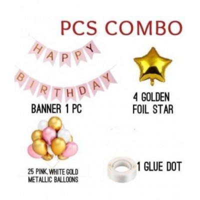 KR Solid Pink Happy Birthday Banner+4 pic gold star1 pic glue dot 25 Pcs