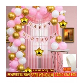 KR Solid Pink Happy Birthday Banner+4 pic gold star1 pic glue dot 25 Pcs
