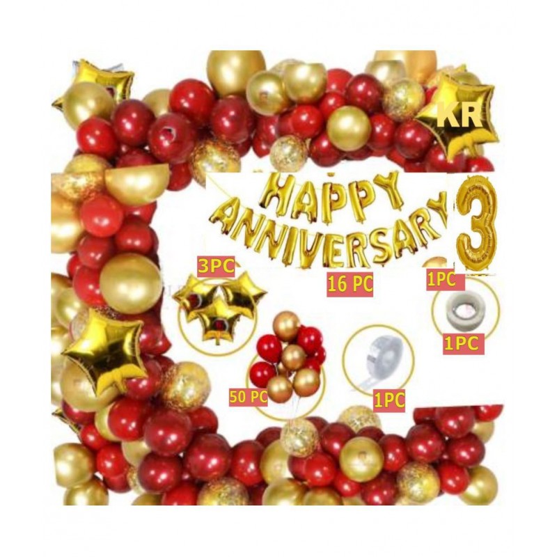 KR Solid Red Gold Foil Boys Girls 3rd Happy Anniversary Balloon Decoration Kit Combo (Pack of 76)