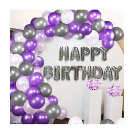 KR Solid Solid Happy Birthday Balloons Decoration Kit 62 Pcs Set Combo Balloon Bouquet of  Silver Letter Balloon and Purple, Silver, White (Pack of 60) and 1 Arch
