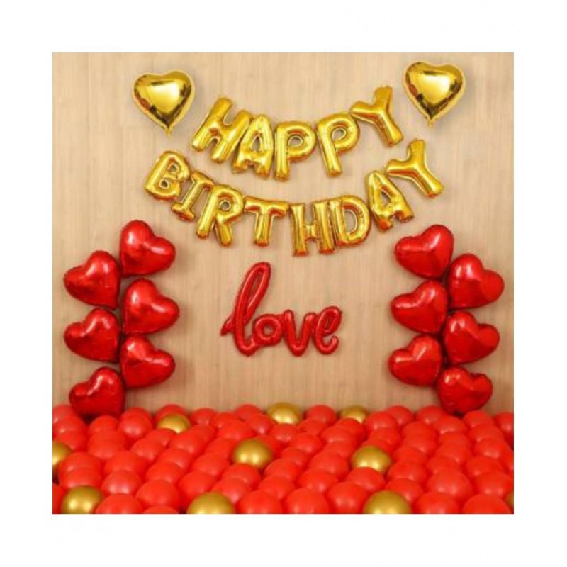 KR Solid Solid Happy Birthday Foil Balloon  (13 )- 1 Red Love Cursive - 2 Gold 12 Red Heart Foil Balloon " 50 Red 10 Gold Metallic Balloon Balloon  (Red, Gold, Pack of 88)