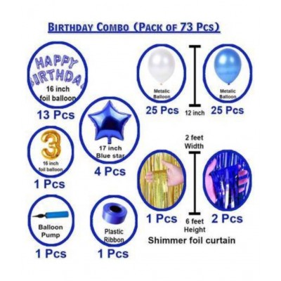 KR Solid Third /3rd happy birthday combo/kit material for party decorations with Happy Birthday Blue foil balloon (Set of 73) Letter Balloon