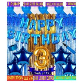 KR Solid Third /3rd happy birthday combo/kit material for party decorations with Happy Birthday Blue foil balloon (Set of 73) Letter Balloon