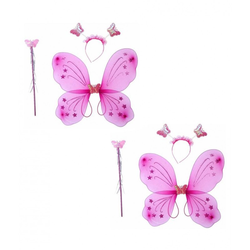 Kaku Fancy Dresses Magenta Pink Butterfly Wings with Hairband and Wand Stick for Girls - Pack of 2
