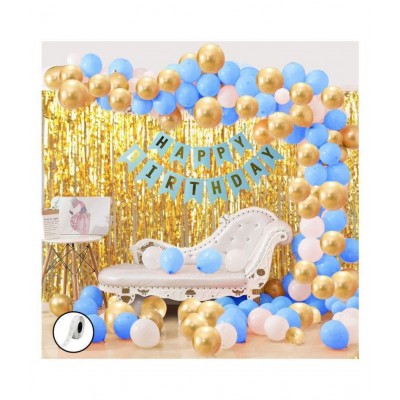 Kalkajii Trading Happy Birthday Letter Blue Banner Set with Golden Print + Pack of 50 HD Metallic Balloons (Blue/Gold/White)+ 2 Golden Curtains (3x6 feet) +Gold ribbon (Multicolor, Pack of 54 )
