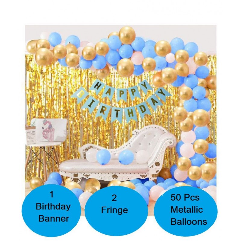 Kalkajii Trading Happy Birthday Letter Blue Banner Set with Golden Print + Pack of 50 HD Metallic Balloons (Blue/Gold/White)+ 2 Golden Curtains (3x6 feet) +Gold ribbon (Multicolor, Pack of 54 )