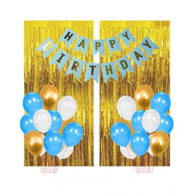 Kalkajii Trading Happy Birthday Letter Blue Banner Set with Golden Print + Pack of 50 HD Metallic Balloons (Blue/Gold/White)+ 2 Golden Curtains (3x6 feet) +Gold ribbon (Multicolor, Pack of 54 )