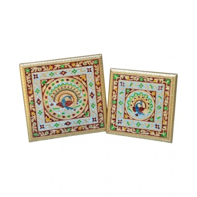 Kavya Crafts Multicolour Wooden Pooja Chowki  Set  Of 2