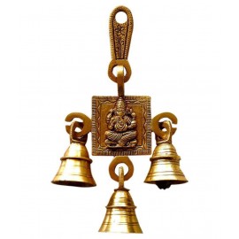 King & Queen Yellow Brass Ganesha Wall Hanging With Bell